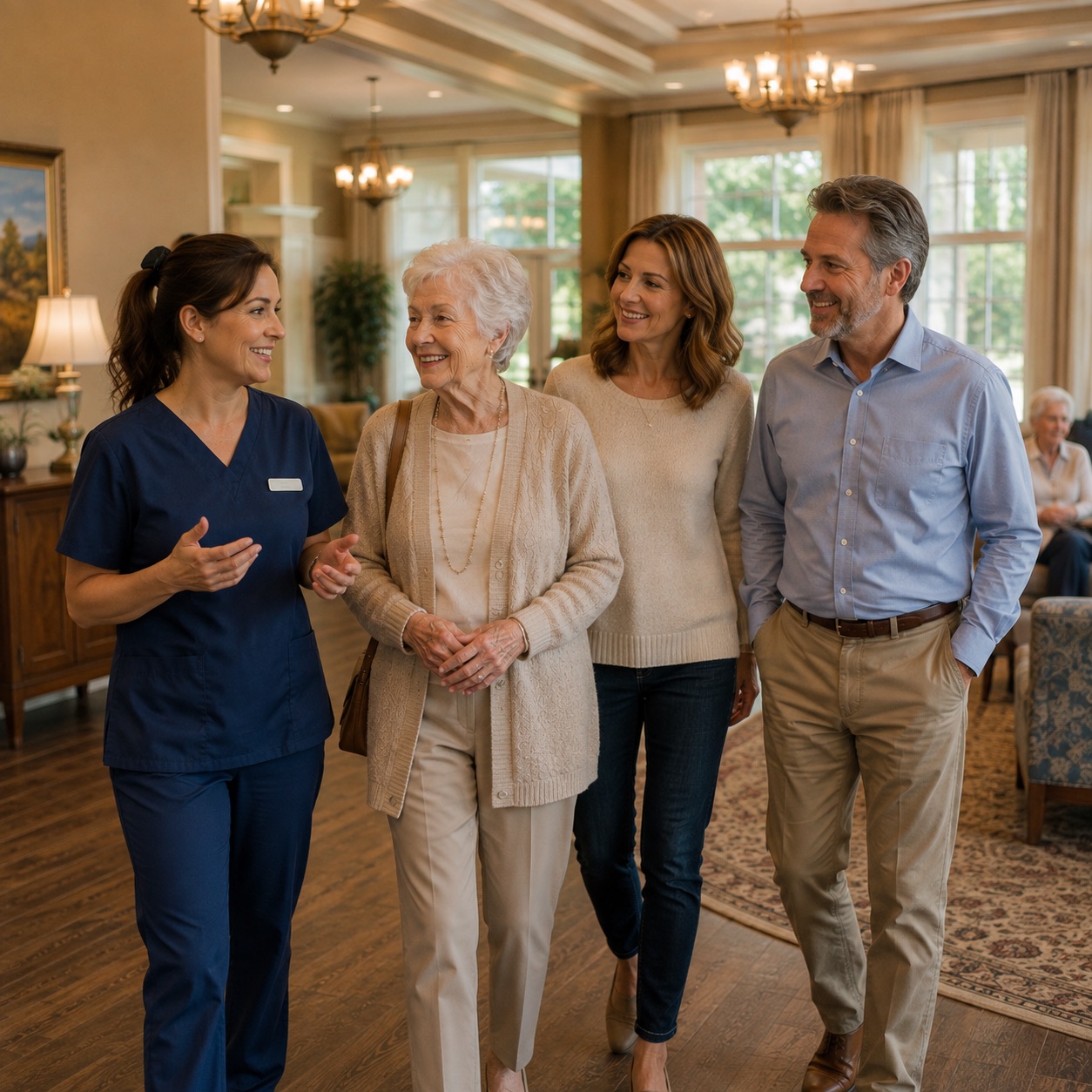 A resident arriving with her daughter and son, walked in by a member of the care team