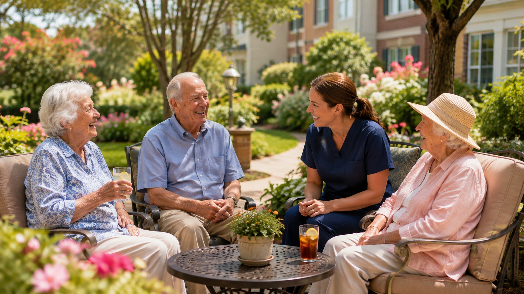Residents and a member of staff out in the planted courtyard
