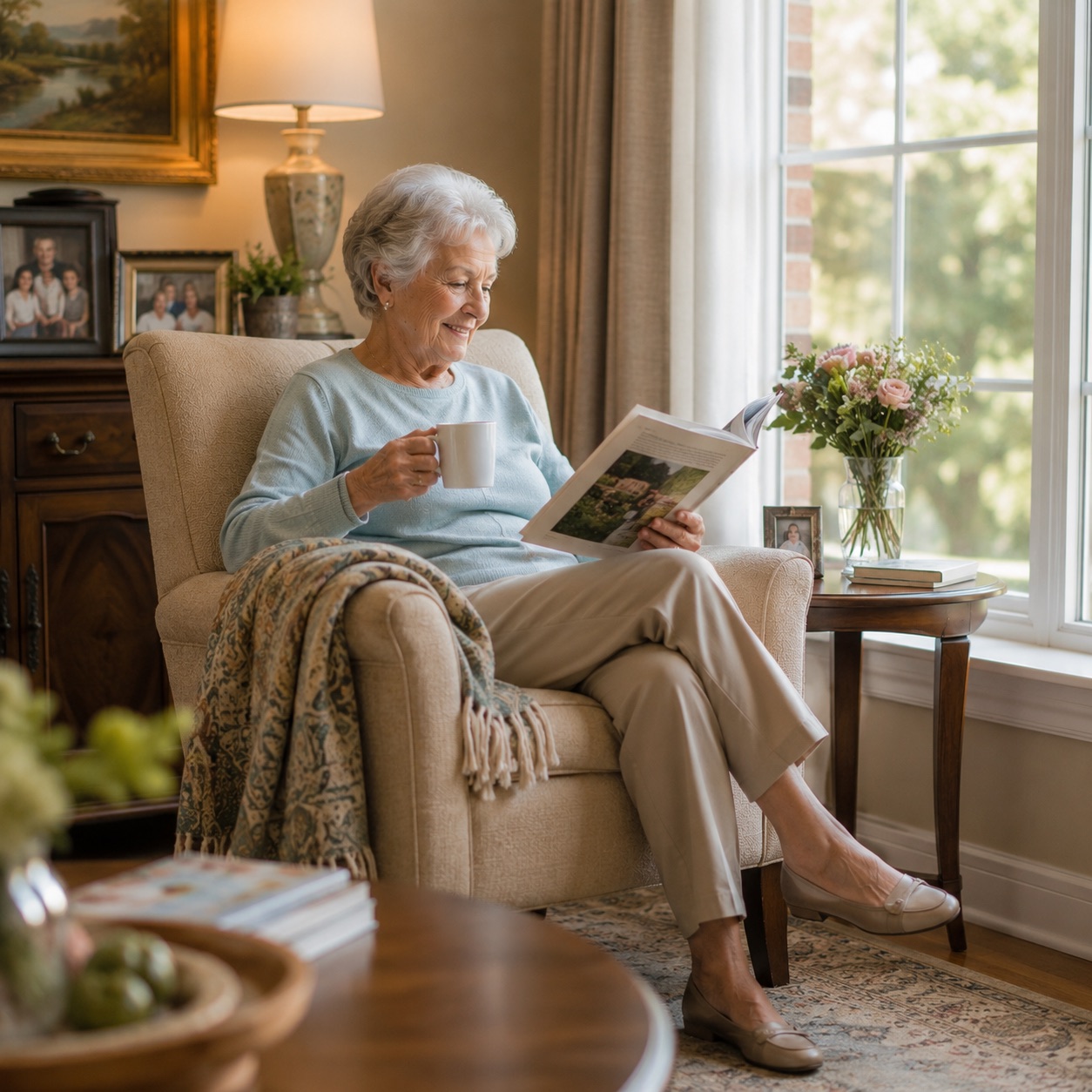 A resident with tea and a magazine in her own armchair