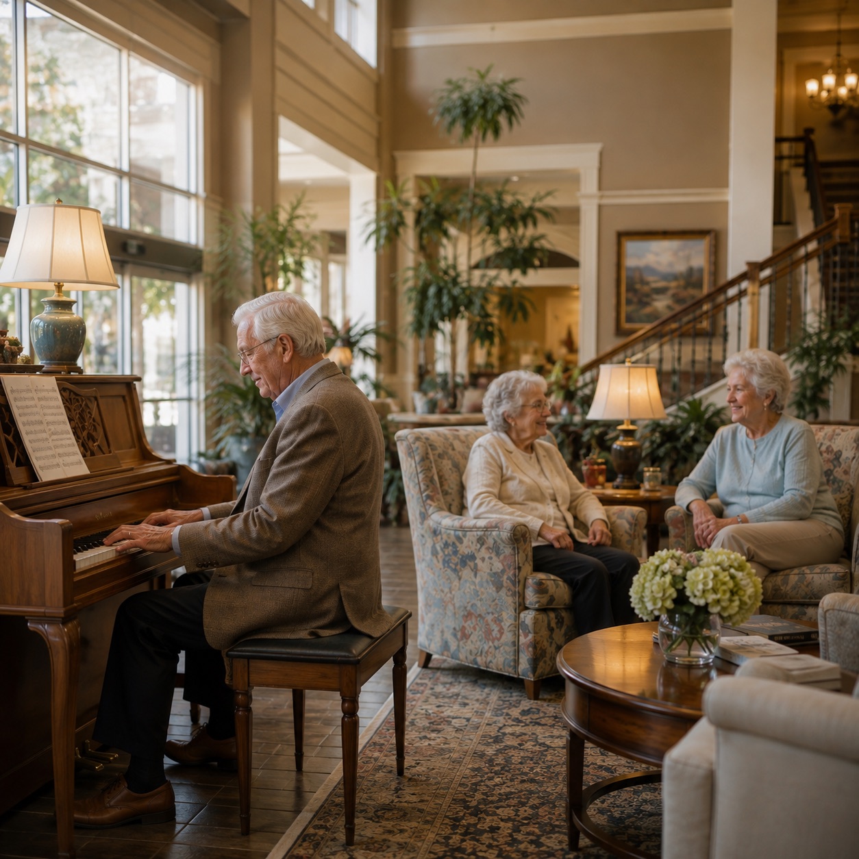 A resident at the piano with others listening from the armchairs