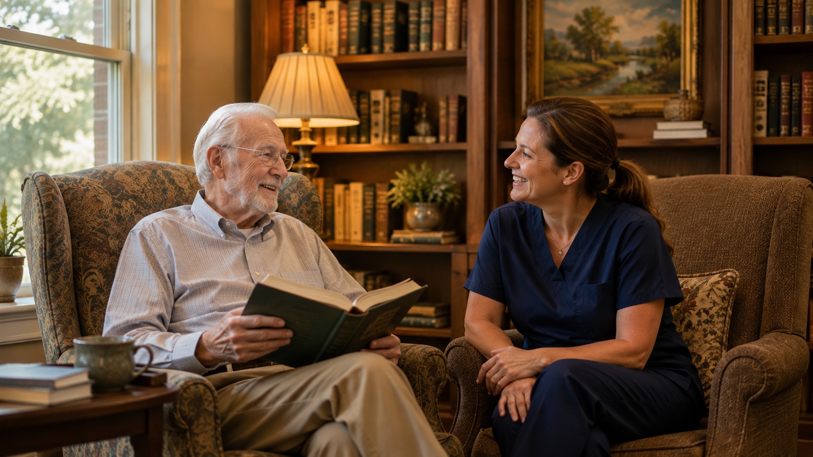 A member of staff reading with a resident