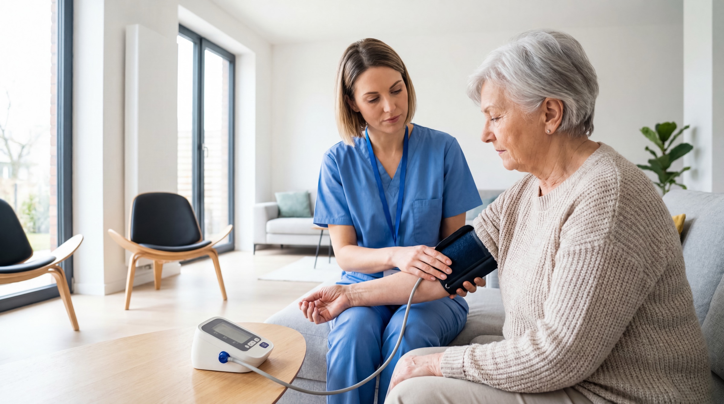 A nurse taking a resident's blood pressure in her own room